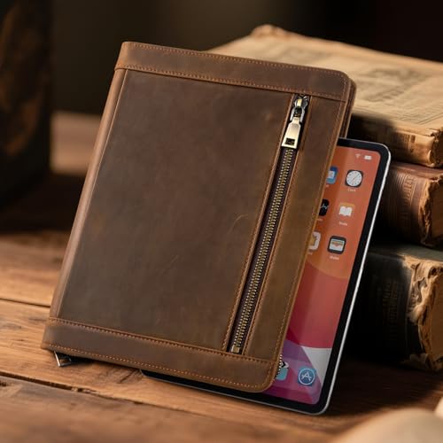 Genuine Leather Portfolio with Zipper for Men/Women, Padfolio Business Resume A4/Pad, Folder Organizer, with Document Pocket, ID Window, Card Slots, Pen Holders (Brown) - color: Brown