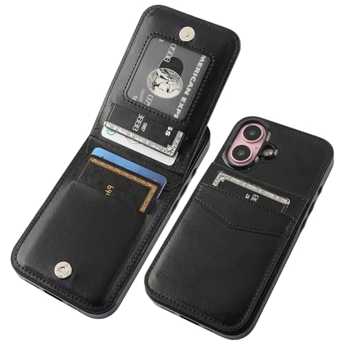 KIHUWEY for iPhone 16 Wallet Case Card Holder Kickstand, Black | Credit Card Slots, PU Leather, Magnetic Clasp, Flip Heavy Duty Protection Cover for Men and Women - color: Black