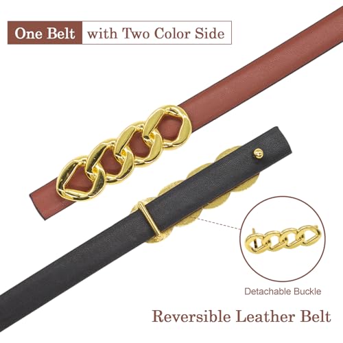 Long Keeper Belts for Women - Reversible Women Leather Belt Adjustable Skinny Belt for Pants Jeans Dress with Gold Buckle - color: Brown/Black - Curb Chain Style Buckle