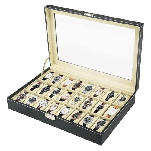MYFULLY 24-Slot Watch Display Storage Box, Leather Travel Case | Portable Jewelry Organizer with Soft Lining and Clear Lid, Protects Watches from Dust and Scratches for Home and Travel