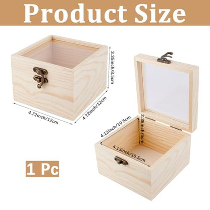 4.72 x 4.72 x 3.35 Inch Unfinished Wooden Display Box Small Wood Keepsake Storage Box with Glass Lid Jewelry Stash Case Container with Hinged Lid for Jewelry Storage Gift Packaging Home - style: 12 x 12 x 8.5cm unfinised