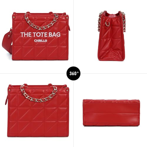 Chinllo Tote Bag for Women Top Handle Satchel Purse and Handbags with Shoulder Strap - color: Red-quilted, size: Small 10.7 IN