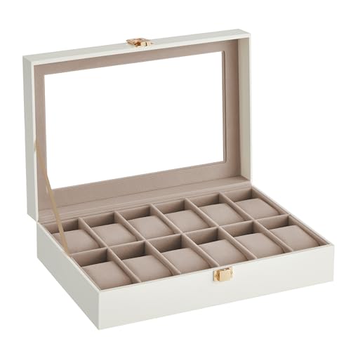 SONGMICS Watch Box, 12-Slot Watch Case with Large Glass Lid | Removable Pillows, White PU Leather, Beige Velvet Lining, Gift for Loved Ones, BRIDIE Collection UJWB120W01 - color: Cloud White + Cappuccino Beige, size: 12 Slot