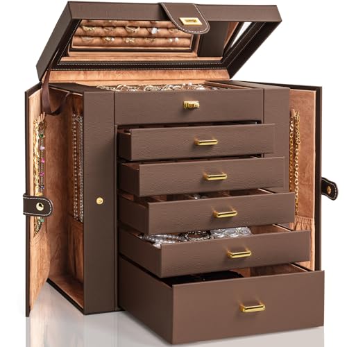 AKOZLIN 6-Tier Jewelry Box Organizer Functional 5 Drawers Leather Jewelry Storage Case for Women Girls Ring Necklace Earring Bracelet Holder Organizer with Mirror Extra Large Brown - color: Brown, size: Extra Large