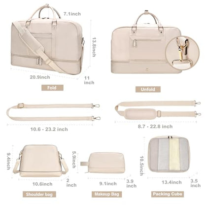 Large 4-in-1 Leather Duffle Bag for Travel Weekender Overnight Hospital Gym Bag for Men & Women, Carry On Airline Approved Personal Item Duffel Garment Bag Luggage with Shoe Compartment & Toiletry Bag - color: 4PCS White