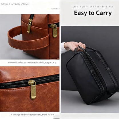 2 Pack Men's Toiletry Bag Pu,Travel Toiletry Organizer, Waterproof Shaving Kit Pouch For storing daily essentials like toiletries and cosmetics,Black (Leather Black) - color: Leather Black