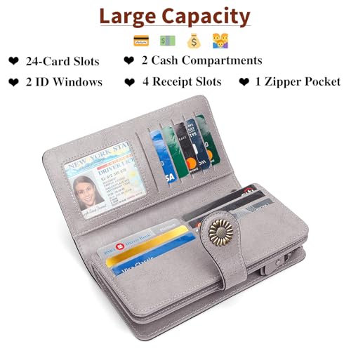 SENDEFN Womens Wallet RFID Blocking Card Holder Large Leather Wristlet - color: 1-Wax-Grey