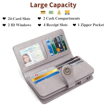 SENDEFN Womens Wallet RFID Blocking Card Holder Large Leather Wristlet - color: 1-Wax-Grey