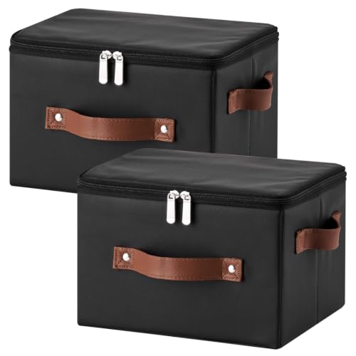 2PCS Faux Leather Storage Bins with Zipper Lid Decorative Boxes - color: Black, size: Small(set of 2)