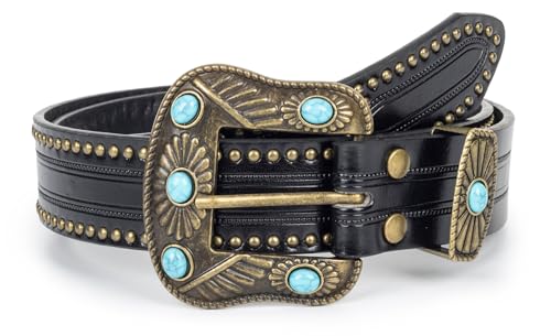 Adjustable Vintage Western-Belts for Women Men Engraved Buckle-Belts Cowboy-Cowgirl-Belt (Waist for 29"-39") - color: Small Turquoise Black Western Belt