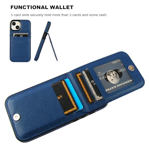 KIHUWEY for iPhone 15 Wallet Case Card Holder Kickstand, Lichee Blue | Credit Card Slots, PU Leather, Magnetic Clasp, Flip Heavy Duty Protection Cover for Men and Women - color: Lichee Blue