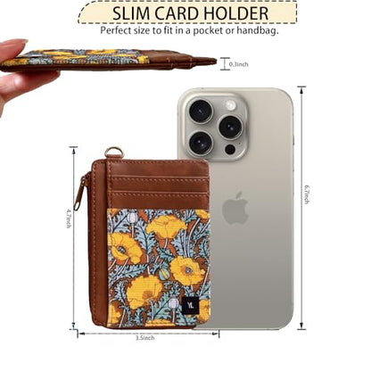 Credit Card Holder RFID Blocking Slim Wallet Women Front Pocket | Mini Small Leather Wallet with ID Window Cash Purse Cute Minimalist Travel Gift for Women Lightweight Card Holder - color: dandelion