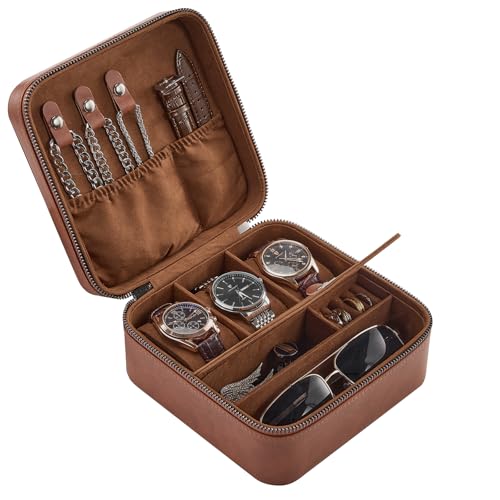 ProCase Travel Watch Case, 3 Slots Mens Jewelry Box -Lightbrown | PU Leather Storage Case for Watches, Cufflinks and Accessories, Zippered Carrying Organizer Bag for Man - color: Lightbrown, size: 3-Slot