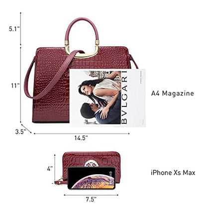 Womens Handbag Top Handle Shoulder Bag Tote Satchel Purse Work Bag with Matching Wallet - color: 2-croco Wine