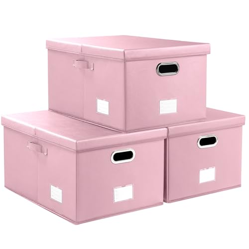 Collapsible Storage Box with Lid [3-Pack] Leather Fabric Foldable Storage Bin Organizer Container Basket Cube with Cover for Home Bedroom Closet Office Nursery Pink(22.8X15.7X11.8) - color: Pink, size: X-Large(3-Pack)