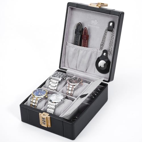 BISON DENIM Watch Box, 4 Watch Travel Case with Combination Lock - PU Leather Men's Watch Storage Box & Jewelry Organizer with Ring Slots & Necklace Hooks, Secure Travel Case, Black - color: Black