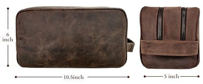 Leather Travel Toiletry Bag for Men, Full Grain Cosmetic Dopp Kit Organizer - color: Dark Brown