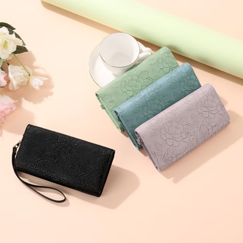 GAEKEAO Wallets for Women Vegan Leather RFID Blocking Card Holder Trifold Ladies Long Purse Wristlet Clutch with 3 ID Windows - color: Blue