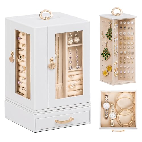 Luxury Jewelry Box for Women: 360° Rotating with Clear Window | Compact Jewelry Storage with Drawer - Necklace Ring Organizer with Compartments - Elegant Earring Holder Display Great Gift - color: White