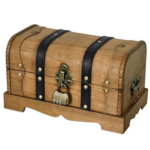 Vintage Wooden Treasure Chest Box with Combination Lock,,Brown,10"x6"x6" | Decorative Pirate Keepsake Storage Box for Jewelry, Coins, Letters, Collectibles and Home Decor - color: Brown, size: 10.24x5.9x5.9