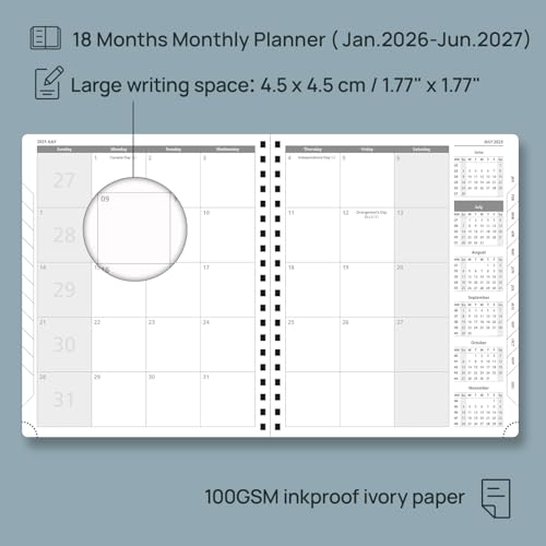POPRUN Monthly Planner 2026-2027 (Large 8.5" x 10.5") 18 Months Calendar (Jan 2026 - Jun 2027) - 4 Pages per Month with Expense & Notes, Stair-like tabs, Leather Cover, Sunday Starts - Black - color: Black, size: Large -8.5" x 10.5", style: Jan.2026-Jun.2