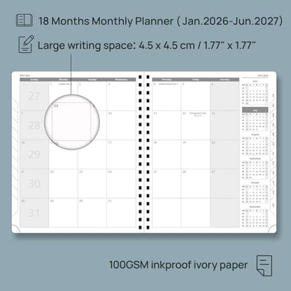 POPRUN Monthly Planner 2026-2027 (Large 8.5" x 10.5") 18 Months Calendar (Jan 2026 - Jun 2027) - 4 Pages per Month with Expense & Notes, Stair-like tabs, Leather Cover, Sunday Starts - Black - color: Black, size: Large -8.5" x 10.5", style: Jan.2026-Jun.2
