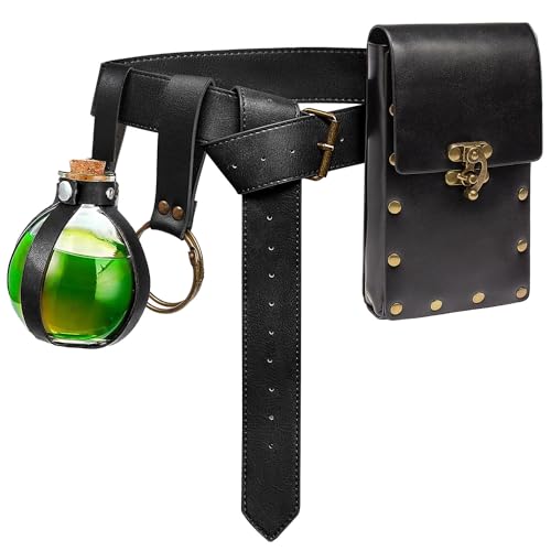 Belt Pouch Waist Bag Fanny Pack Steampunk Phone Holder Medieval Bag Leather Belt Renaissance Cosplay Costume Accessories (3Bottle-Black) - color: 3Bottle-Black