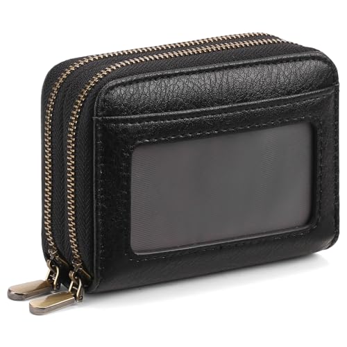 SENDEFN Leather Credit Card Holder Small Wristlet Woman Wallets RFID Blocking Double Zipper with ID Window - color: 1-Black