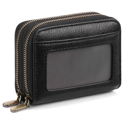 SENDEFN Leather Credit Card Holder Small Wristlet Woman Wallets RFID Blocking Double Zipper with ID Window - color: 1-Black