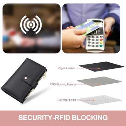yiijay Wallet Women RFID Blocking Leather Trifold Clutch Wallet Credit Card Holder Ladies Travel Wallet Purse with Passport/Pen Holder - color: 1Black
