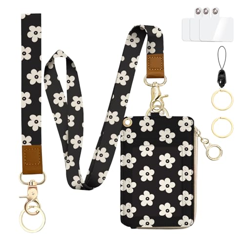 bolimoss Cute Floral Lanyard Wallet and ID Badge Holder with Zipper Pocket Breakaway Phone Wrist Lanyard, RFID Pu Leather Credit Card Holder - color: Beige Groovy Flower