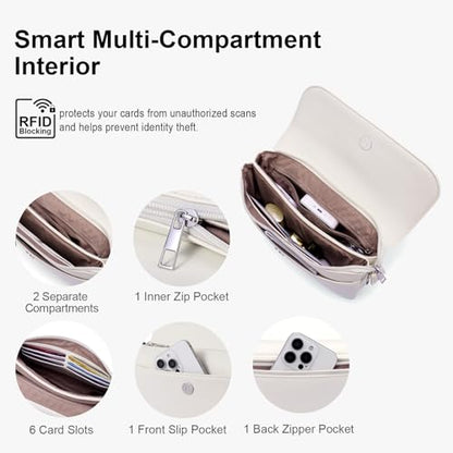 RFID Crossbody Bags for Women Vegan Leather with 2 Straps White | Purse Shoulder Bag Travel Cell Phone - color: Beige