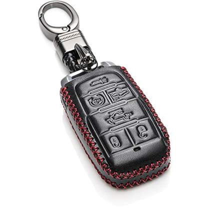 Vitodeco Genuine Leather Smart Key Fob Case Cover Protector Compatible with RAM 1500, RAM 2500, RAM 3500 2019 - 2026 (6-Button, Black/Red) - color: Black/Red, size: 6-Button