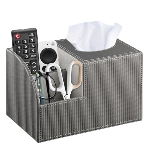 Square Tissue Box Cover with Storage, PU Leather Facial Cube Tissue Holder - color: Grey Rome