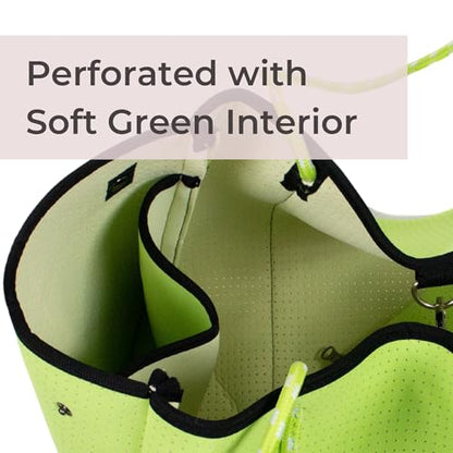 POPUPS Large Neoprene Tote Bag for Women - Everyday Designer Handbag for Travel Work and Beach with Pockets and Zipper Pouch - color: 1neon Green