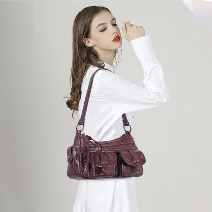 Angel Kiss Hobo Purses for Women Crossbody Shoulder Bag Ladies Multi Pocket Handbags with Adjustable Shoulder Strap | Soft Vegan Leather - color: Wine