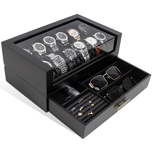 High End Watch Box for Men, 12 Slot Wooden Watch Case With Drawer | Watch Display Box with Lid, 2-Layer Watch Holder for Jewelry and Watch Storage for Men Women , Ideal for Gift (With Gift Box) - color: Black