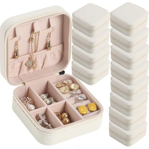 Travel Jewelry Case Bridesmaid Gifts Box,12 Pack Small Jewelry Box Mini Jewelry Organizer,PU Leather Portable Earring Storage Box for Women Girls Bridesmaid Proposal Gifts - color: White
