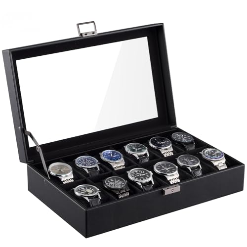 ProCase 12 Slots Watch Case Box for Men -AllBlack | PU Leather Man Watch Organizer, Soft Pillow, Lockable Glass Display Lid, Storage Holder for Watch Collection - color: AllBlack, size: 12-Slot