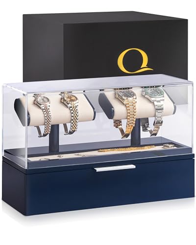 QWATCH Watch Stand Display Case - Acrylic Watch Box for 2 or 4 Watches with Jewelry Valet Tray and Drawer - color: Double - Navy / Ivory