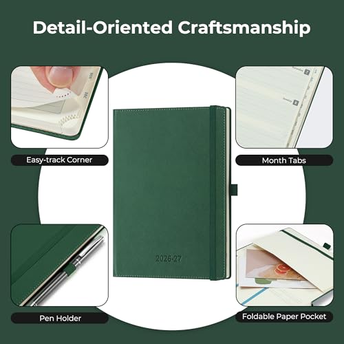 Weekly Monthly 2026-2027 Planner (July 26-Dec 27),8.5"x6.5" | 18 Months Agenda Plan with Month Tabs & Pocket,Expenses/Note Pages, Academic Calendar with Vegan Leather Cover,Green - color: Green, size: Medium-8.5" x 6.5"