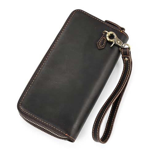 Genuine Leather Long Wallet for Men, Large Capacity Purse Clutch Bag Handbag Checkbook Cash Credit Cards Phone Holder | Large Capacity - color: 1009-Dark Brown