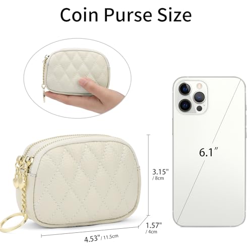 SENDEFN Women's Coin Purse Genuine Leather Wallet Small 2 Zippers Change Pouch Purse with Keychain Ring - color: 2-Beige
