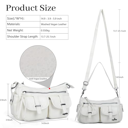 Angel Kiss Hobo Purses for Women Crossbody Shoulder Bag Ladies Multi Pocket Handbags with Adjustable Shoulder Strap | Soft Vegan Leather - color: White