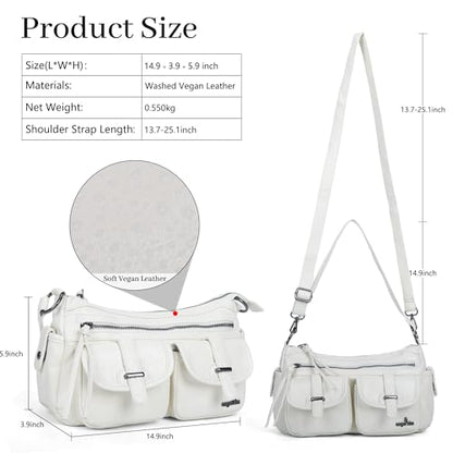 Angel Kiss Hobo Purses for Women Crossbody Shoulder Bag Ladies Multi Pocket Handbags with Adjustable Shoulder Strap | Soft Vegan Leather - color: White