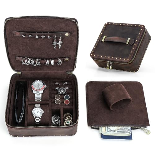 CONTACTS Full Grain Leather Jewelry Box for Men Travel Jewelry Organizer Watch Case Vintage Jewelry Storage Case for Cufflinks Ring Sunglasses Holder by Handmade - size: Square-rivet