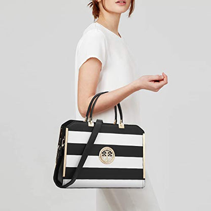 Dasein Women Purses and Handbags Top Handle Satchel Bags Large Shoulder Work Bag Tote with Wallet - color: Strip Black and White