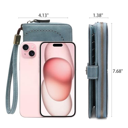 Wristlet Wallets for Women Leather Credit Card Holder Bifold | RFID Blocking, Large Capacity, Ladies Phone Clutch Purse with Zippered Coin Pocket - color: A08 Light Blue