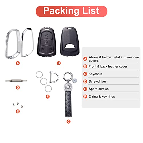 for Cadillac Key Fob Cover with Keychain, Black Genuine Leather Crystal Key Case Protection Shell Compatible with Cadillac Escalade CTS SRX XT5 ATS STS CT6 5-Buttons Remote Start - size: for Cadillac A