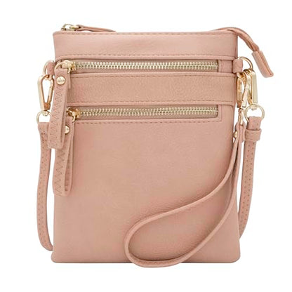 Small Crossbody Bag for Women, Multi Zip Pockets with Detachable Wristlet, Lightweight Travel Purse, Cell Phone Pouch - color: Rose Pink